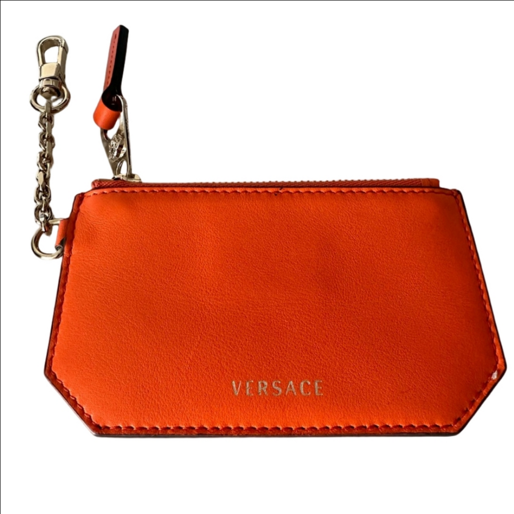 Versace Orange Leather Zip Card Case with Gold Chain